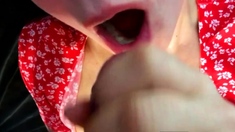 Licks dick like a lollipop. Cum on lips and tongue