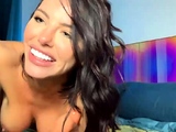 Busty curly brunette with big boobs fucks on couch