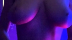 Amateur busty brunette masturbates and does hand job