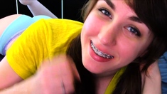 Small titted brunette teen fingering on the bed