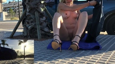 Amateur model in public nudity and outdoor dildo